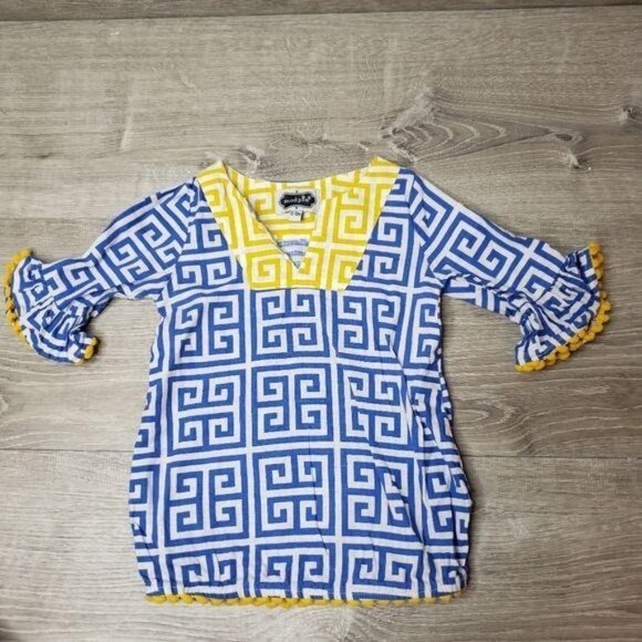 Mud Pie Baby Girls V-Neck Pom-Pom Tunic 12-18M Blue/Yellow Geometric Cotton - Picture 2 of 5